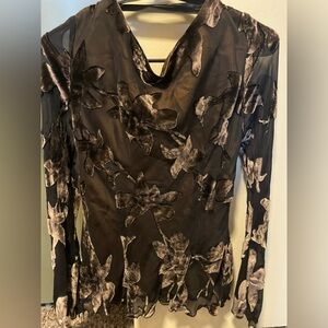 Vintage Joseph Ribkoff Black & Brown Y2K Floral Sheer Velvet Bell Sleeve Blouse
